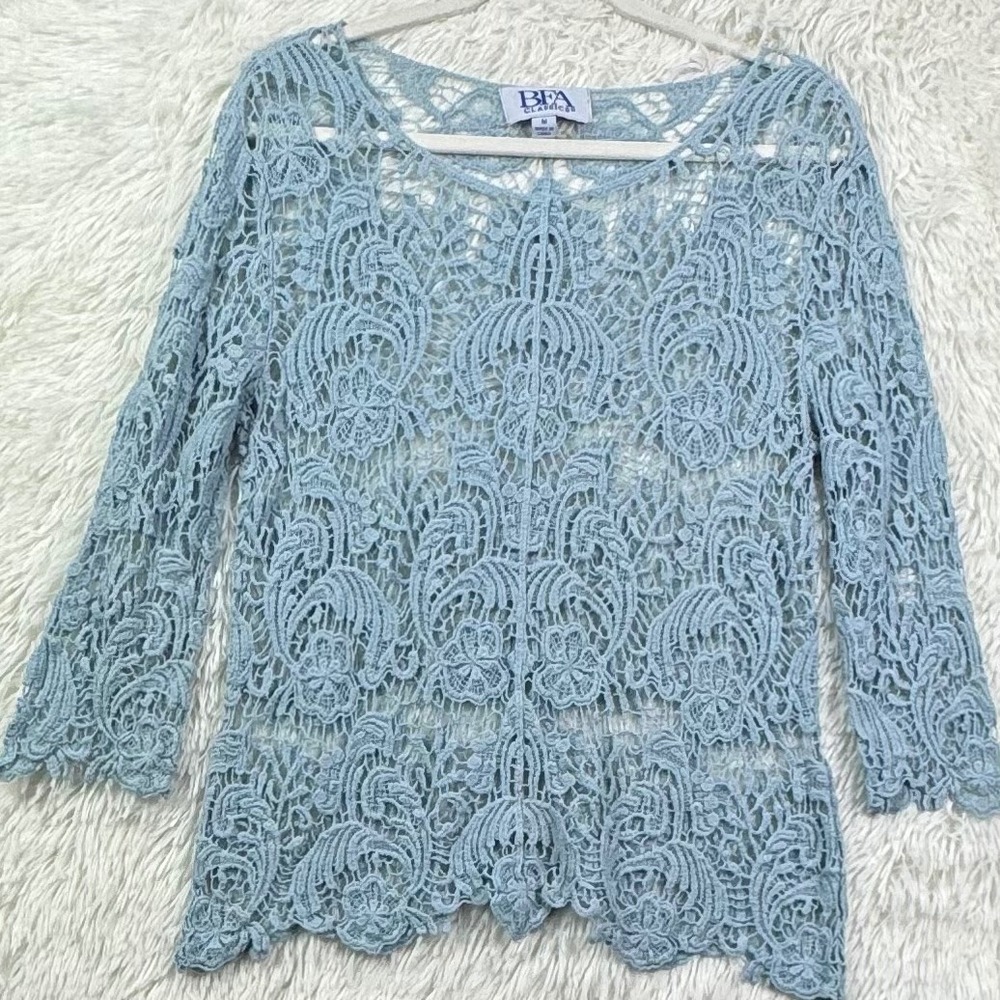 BFA Classics Blue Crochet Lace Sheer Top Medium